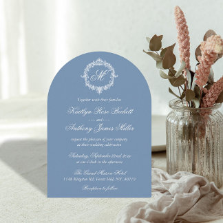 Convite Elegant Vintage Blue Toile Monogram Wedding