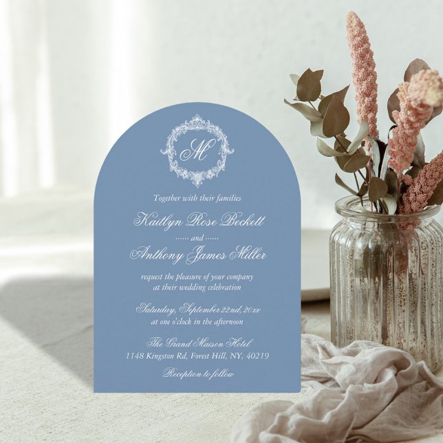 Convite Elegant Vintage Blue Toile Monogram Wedding (Criador carregado)