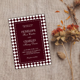 Convite Elegant Vintage Burgundy Checkered Formal Wedding
