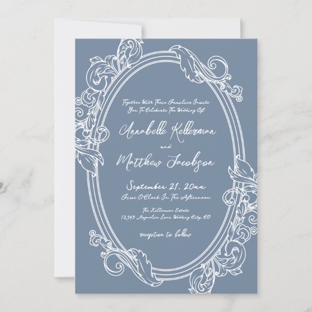 Convite Elegant Vintage Dusty Blue Wedding (Frente)