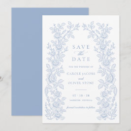 Convite Elegant Vintage Floral Dusty Blue Save the Date