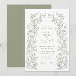 Convite Elegant Vintage Floral Frame Sage Green Wedding