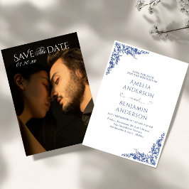 Convite Elegant Vintage French  Blue Floral Wedding 