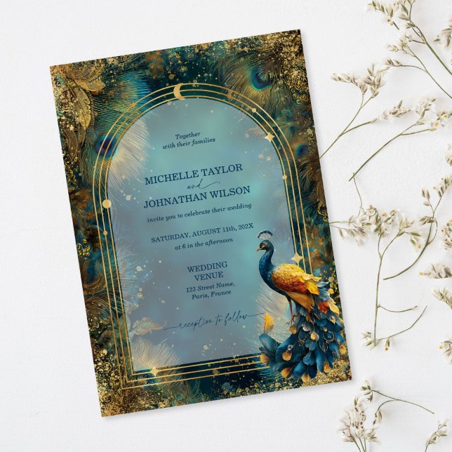 Convite Elegant Vintage Peacock Feather Enchanted Forest (elegant gold arch frame peacock feather wedding invitations)