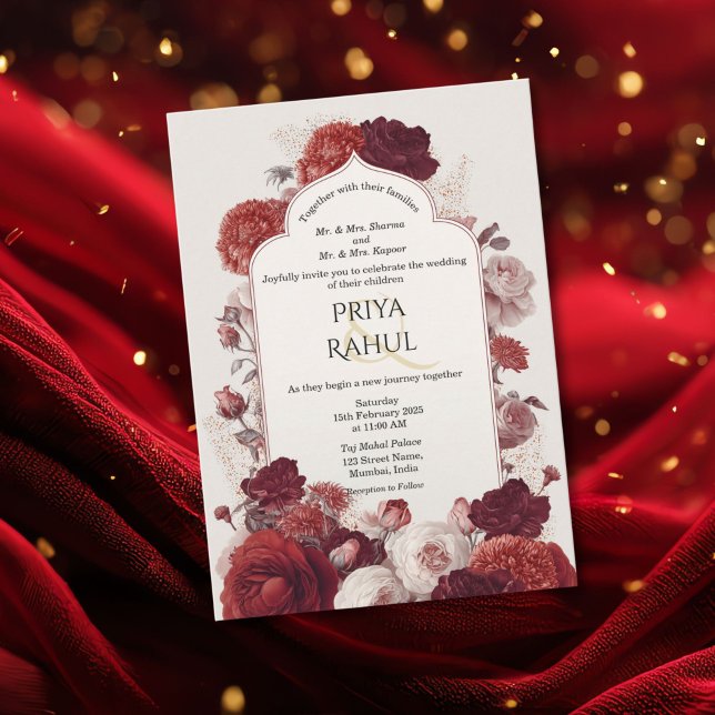 Convite Elegant Vintage Red Floral Indian Wedding (Indian wedding invitation with the indian arch and red flowers)