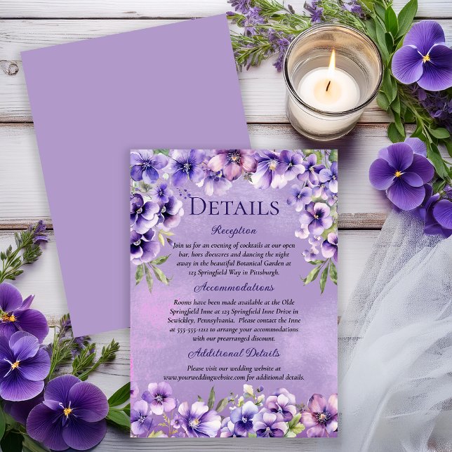 Convite Elegant Violet Floral Wedding Details (Elegant violet florals for a refined and timeless wedding details card.)