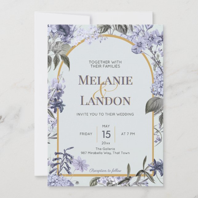 Convite Elegant violet & gold hydrangea wedding invitation (Frente)