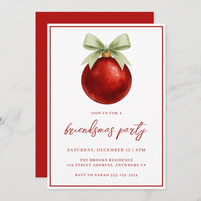 Convite Elegant Watercolor Bauble & Bow Friendsmas Party (Frente/Verso)