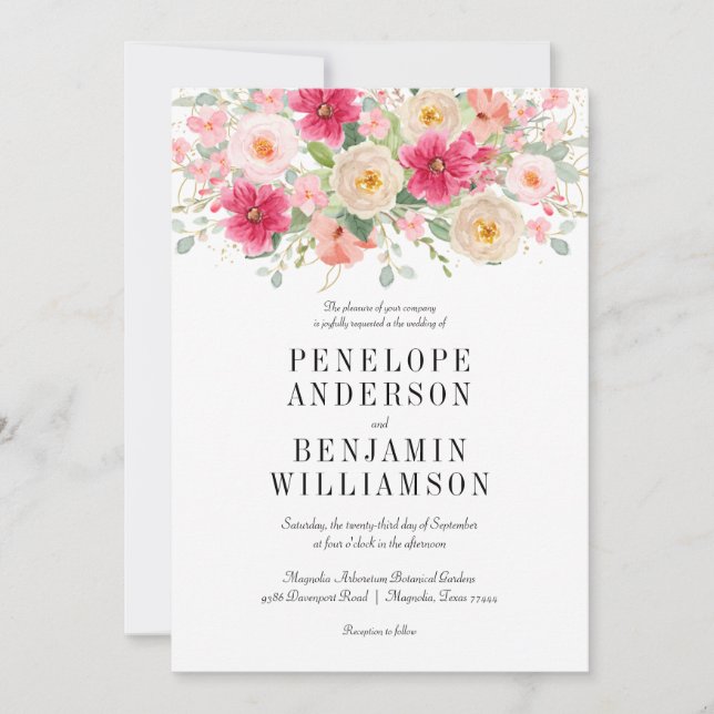Convite Elegant Watercolor Bright Pink Floral Wedding (Frente)