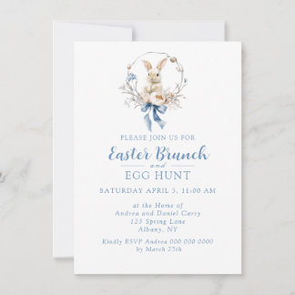 Convite Elegant Watercolor Bunny Blue Bow Easter Brunch