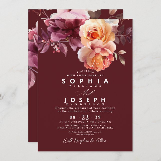 Convite Elegant watercolor Burgundy Bouquet Floral Wedding (Frente/Verso)