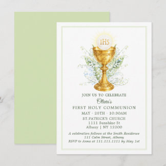 Convite Elegant Watercolor Chalice First Holy Communion