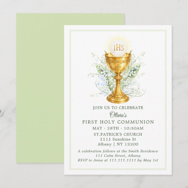 Convite Elegant Watercolor Chalice First Holy Communion (Frente/Verso)
