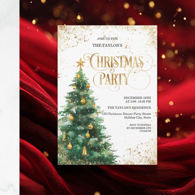 Convite Elegant Watercolor Christmas Tree (Elegant watercolor Christmas tree invitation featuring a hand-painted tree  with delicate ornaments)