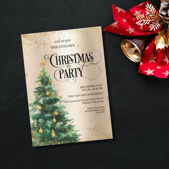 Convite Elegant Watercolor Christmas Tree (Elegant watercolor Christmas tree invitation featuring a hand-painted tree with gold background)
