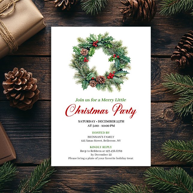 Convite Elegant Watercolor Christmas Wreath Party Invite (Elegant Watercolor Christmas Wreath Party Invite)