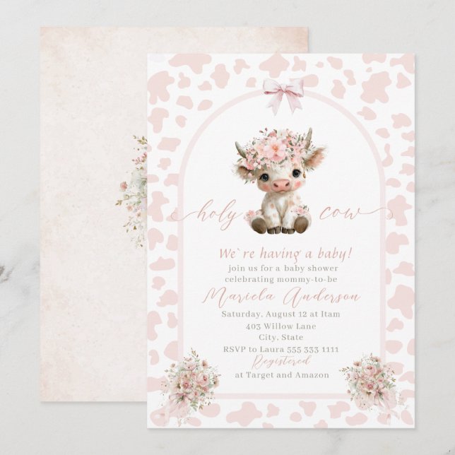 Convite Elegant Watercolor Cow Holy Highland  Baby Shower (Frente/Verso)