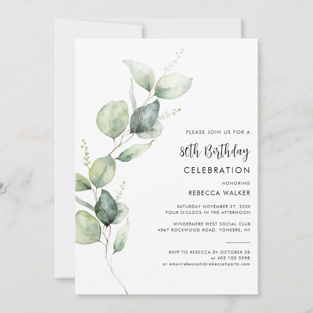 Convite Elegant Watercolor Eucalyptus 80th Birthday Party (Frente)