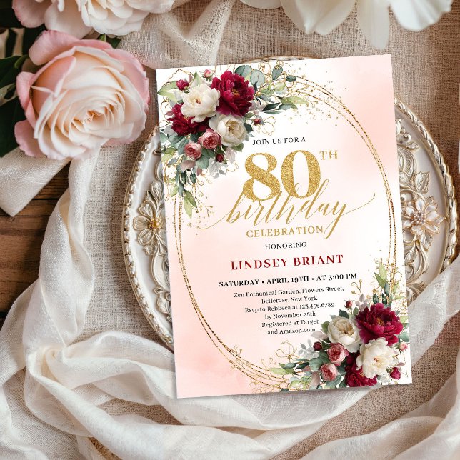 Convite Elegant Watercolor Floral 80th Birthday Gold  (Elegant Watercolor Floral 80th Birthday Gold Invite)