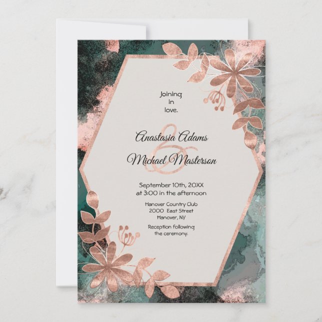Convite Elegant Watercolor Floral Copper Rose Teal Wedding (Frente)