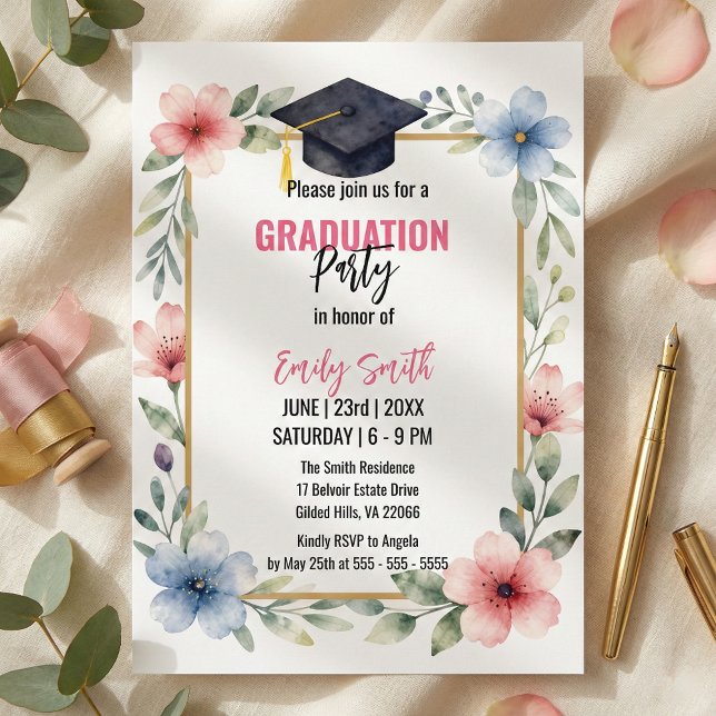Convite Elegant Watercolor Floral Pink Blue Graduation (Criador carregado)