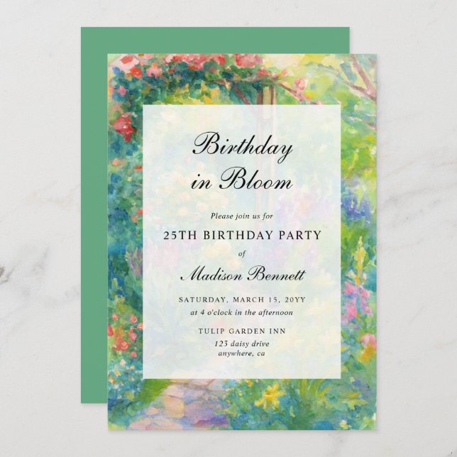 Convite Elegant Watercolor Garden Themed Birthday Party (Frente/Verso)