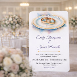 Convite Elegant Watercolor Golden Rose Wedding Rings