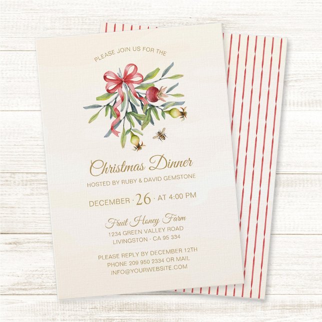 Convite Elegant Watercolor Greenery Christmas Celebration (Elegant, watercolor greenery red bow holiday Christmas dinner party invitation.)