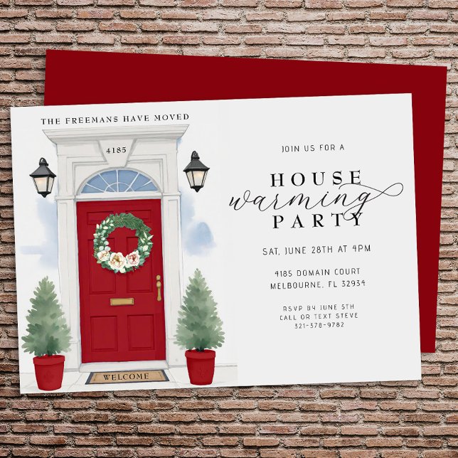 Convite Elegant Watercolor Housearming Party (Housewarming Party Invite - Red Door)