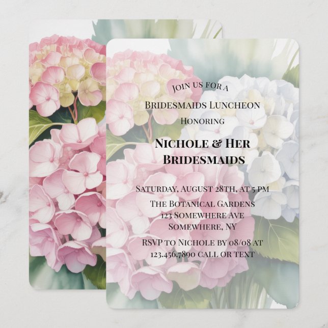 Convite Elegant Watercolor Hydrangea Bridesmaids Luncheon  (Frente/Verso)