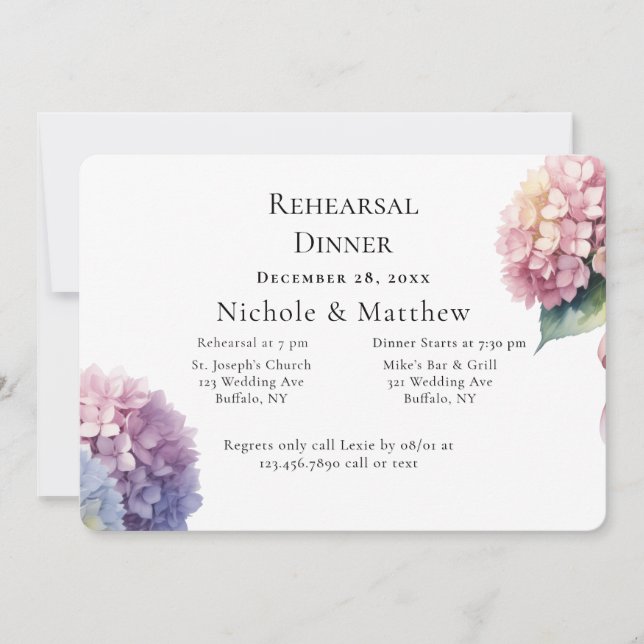 Convite Elegant Watercolor Hydrangeas Rehearsal Dinner (Frente)