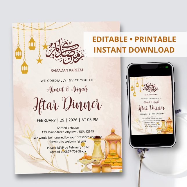 Convite Elegant Watercolor Iftar Dinner Invitation Dates (Criador carregado)