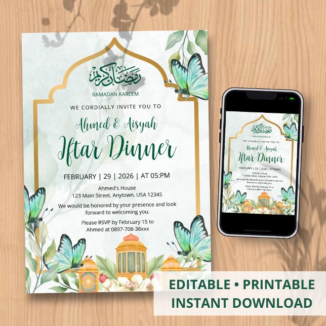 Convite Elegant Watercolor Iftar Ramadan Dinner Invitation (Criador carregado)