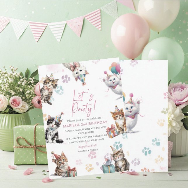 Convite Elegant  Watercolor Kitten Cat 2nd Birthday  invit (Criador carregado)