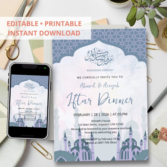 Convite Elegant Watercolor Lavender Mosque Iftar Dinner (Criador carregado)