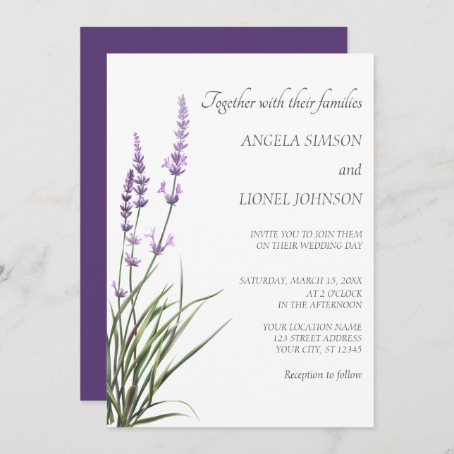 Convite Elegant Watercolor Lavender Wedding  (Frente/Verso)