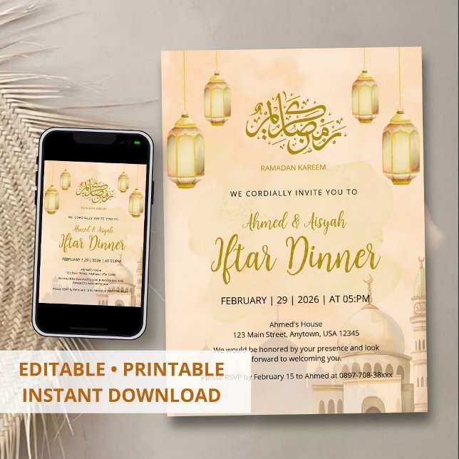 Convite Elegant Watercolor Mosque Iftar Dinner Party (Criador carregado)