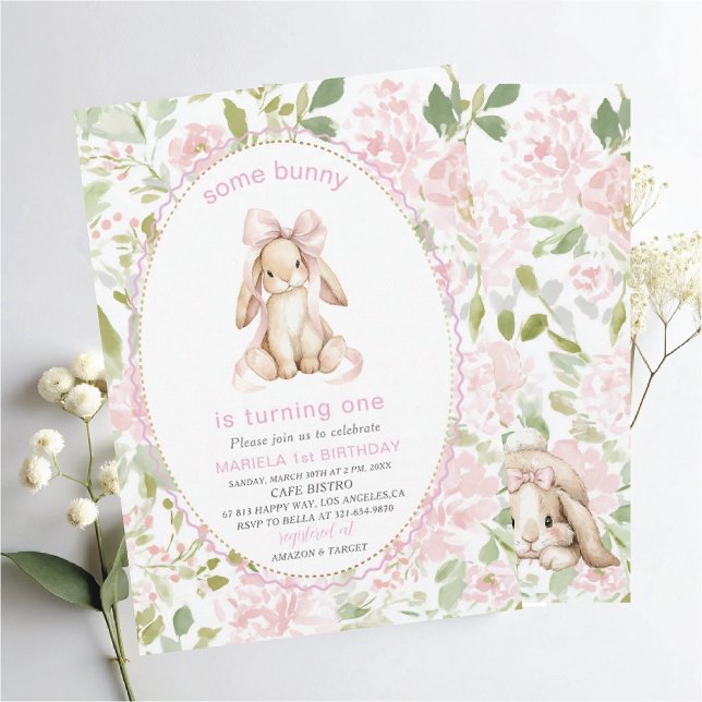 Convite Elegant  Watercolor One 1st Birthday some bunny Gi (Criador carregado)