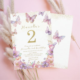 Convite Elegant  Watercolor One 2nd Birthday Butterfly Gir