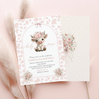 Convite Elegant  Watercolor One 2nd Birthday holy cow girl