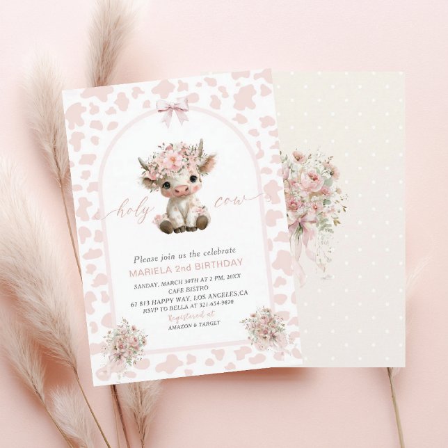 Convite Elegant  Watercolor One 2nd Birthday holy cow girl (Criador carregado)