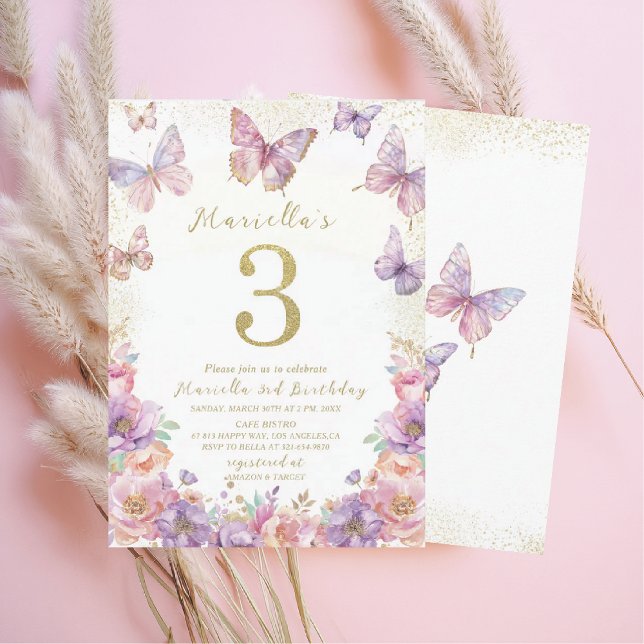 Convite Elegant  Watercolor One 3rd Birthday Butterfly Gir (Criador carregado)