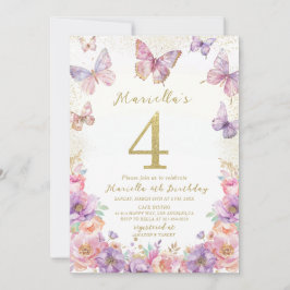 Convite Elegant  Watercolor One 4th Birthday Butterfly Gir