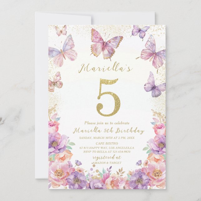 Convite Elegant  Watercolor One 5th Birthday Butterfly Gir (Frente)