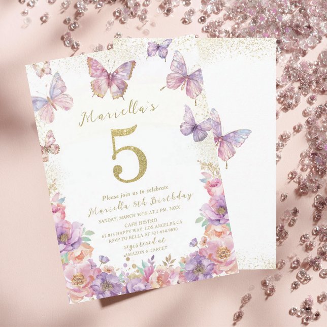 Convite Elegant  Watercolor One 5th Birthday Butterfly Gir (Criador carregado)