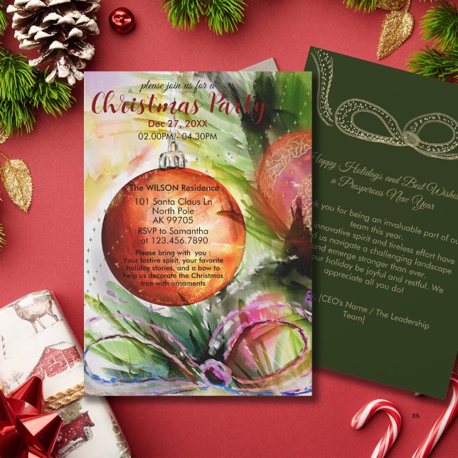 Convite Elegant Watercolor Ornament Christmas Party (Elegant Watercolor Ornament Christmas Party Invitation)