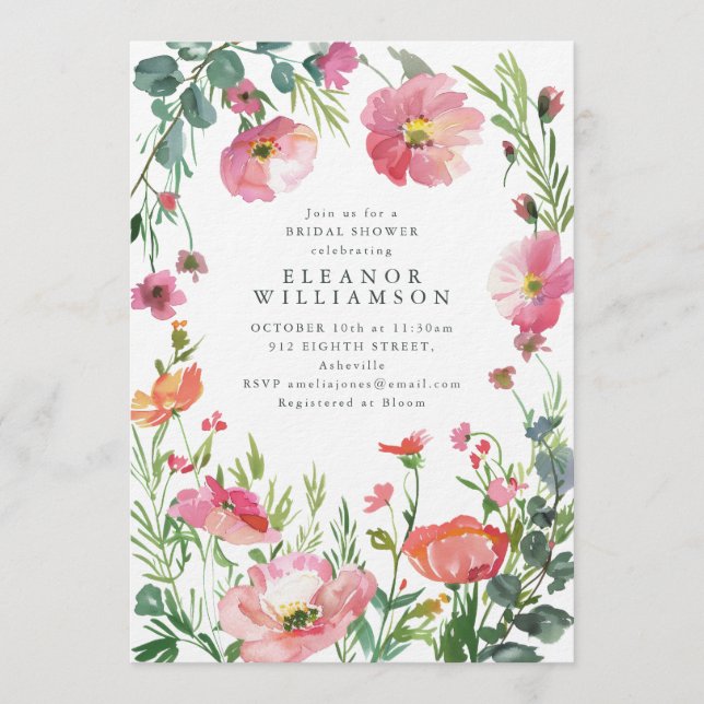 Convite Elegant Watercolor Pink Floral Bridal Shower (Frente)