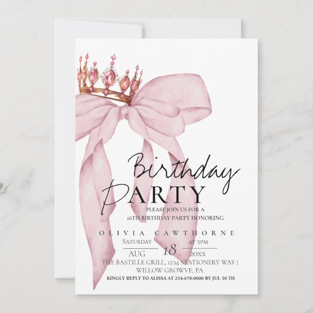 Convite Elegant Watercolor Pink Gold Bow Birthday Party  (Frente)