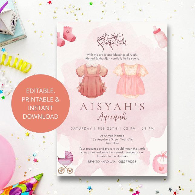 Convite Elegant Watercolor Pink Islamic Baby Girl Aqiqah  (Criador carregado)