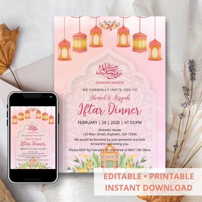 Convite Elegant Watercolor Pink Lanterns Islamic Iftar (Criador carregado)